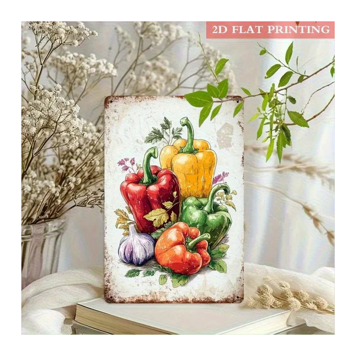 Vintage Farmhouse Chili & Garlic Metallschild von MINISO, mehrfarbige Wandkunst aus Metall für die Küche, B/H: 20 x 30 cm - Bild 1