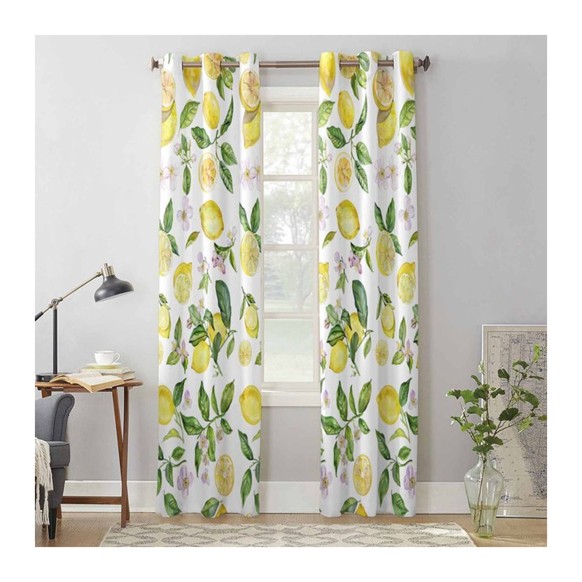 Vintage Fenster Vorhang mit Sommer Aquarell Zitrone Design in Gelb, semi-transparent, B: 135 cm, H: 230 cm - Bild 1
