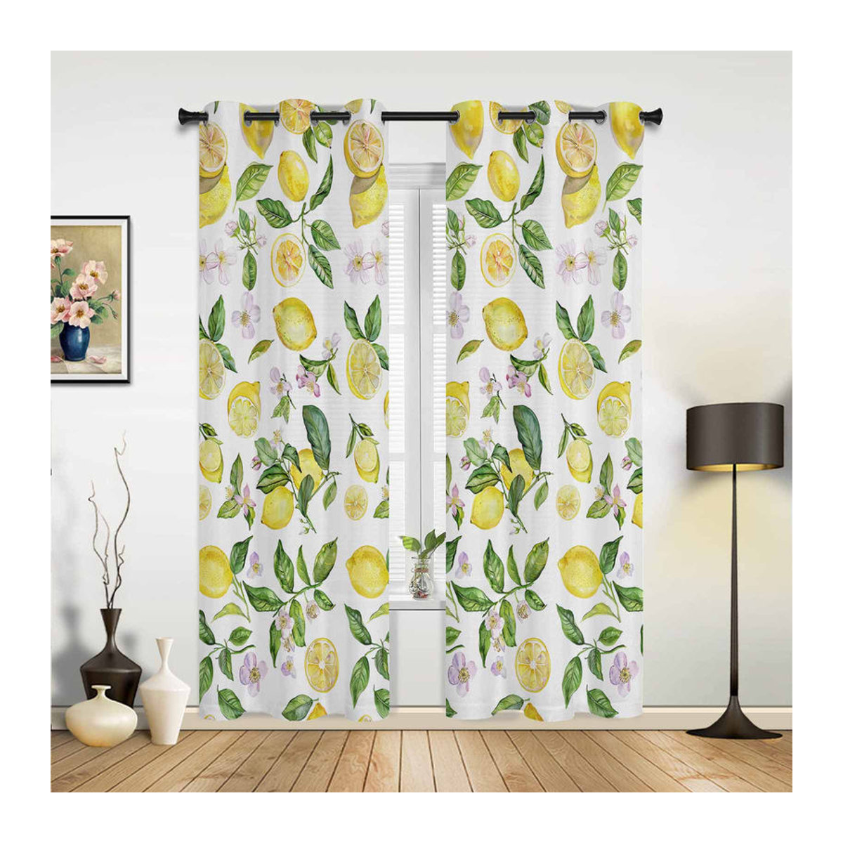 Vintage Fenster Vorhang mit Sommer Aquarell Zitrone Design in Gelb, semi-transparent, B: 135 cm, H: 230 cm - Bild 2