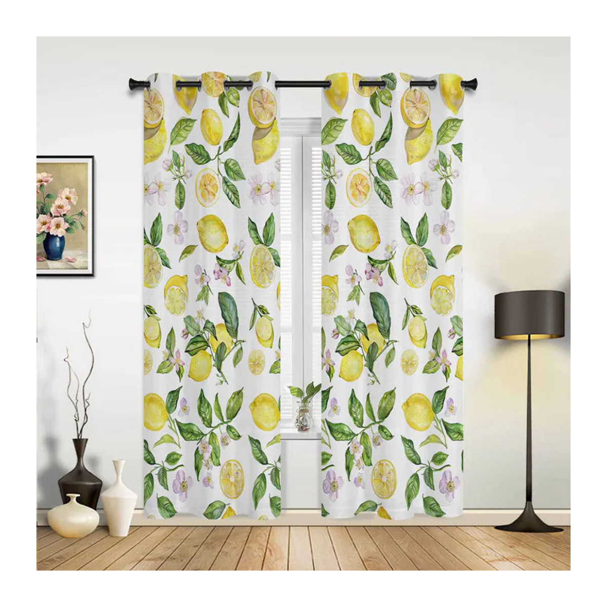 Vintage Fenster Vorhang mit Sommer Aquarell Zitrone Design in Gelb und Weiß, semi-transparent, B: 135 cm, H: 135 cm - Bild 2