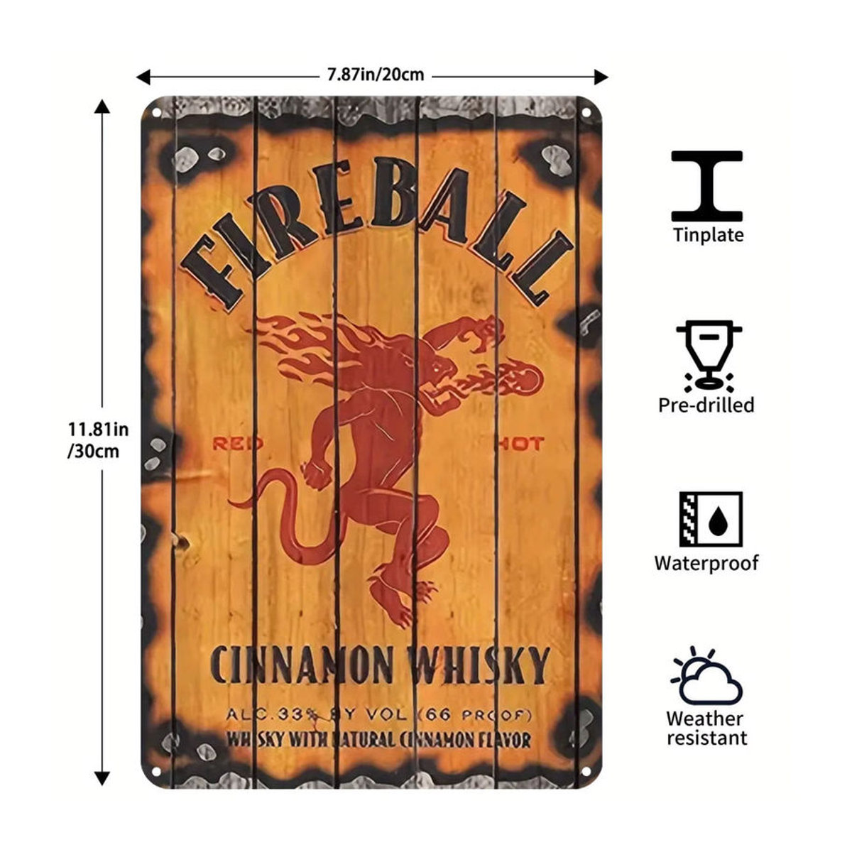 Vintage Fireball Cinnamon Whiskey Metallschild in Orange, rechteckige Wanddekoration für Bar und Zuhause, B/H: 30 x 20 cm - Bild 2