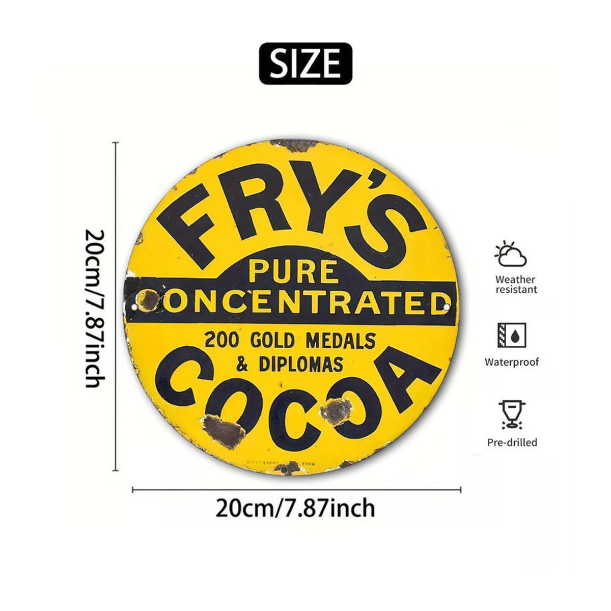Vintage Fry'S Pure Concentrated Cocoa Metallschild Potdemiel runde Aluminium-Wanddekoration in Gelb, Durchmesser: 19,99 cm - Bild 3
