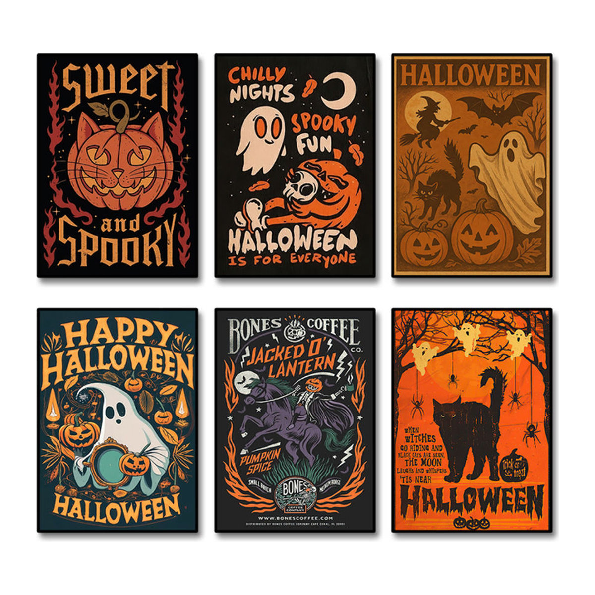 Vintage Halloween Leinwanddruck mit Kürbisgeist und schwarzer Katze in mehrfarbigem Gothic-Stil als Wanddekoration - Bild 1