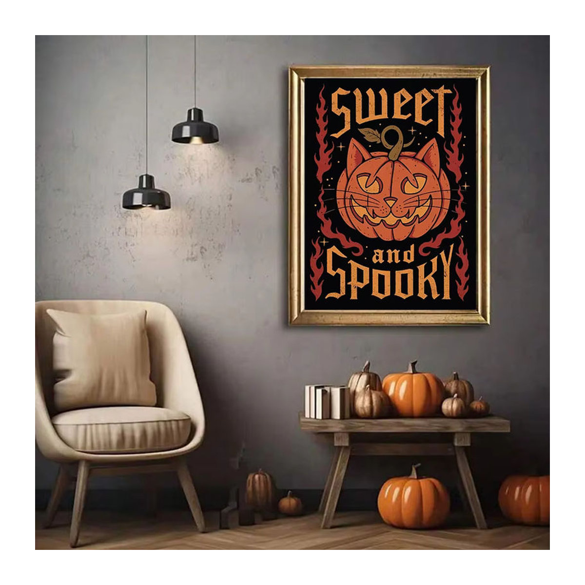 Vintage Halloween Leinwanddruck mit Kürbisgeist und schwarzer Katze in mehrfarbigem Gothic-Stil als Wanddekoration - Bild 2