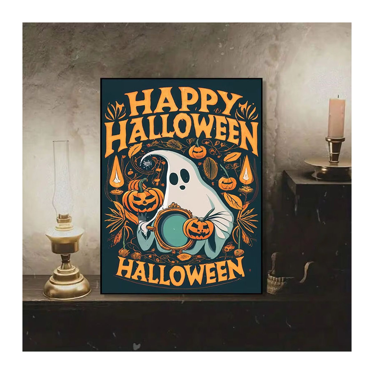 Vintage Halloween Leinwanddruck mit Kürbisgeist und schwarzer Katze in mehrfarbigem Gothic-Stil als Wanddekoration - Bild 3