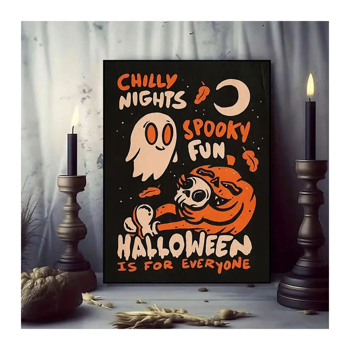 Vintage Halloween Leinwanddruck mit Kürbisgeist und schwarzer Katze in mehrfarbigem Gothic-Stil als Wanddekoration - Bild 5