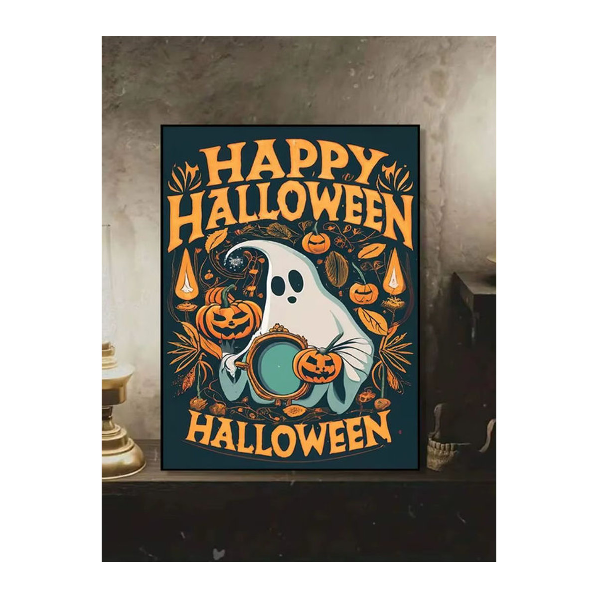 Vintage Halloween Leinwanddruck mit Kürbisgeist und schwarzer Katze in mehrfarbigem Gothic-Stil als Wanddekoration - Bild 7