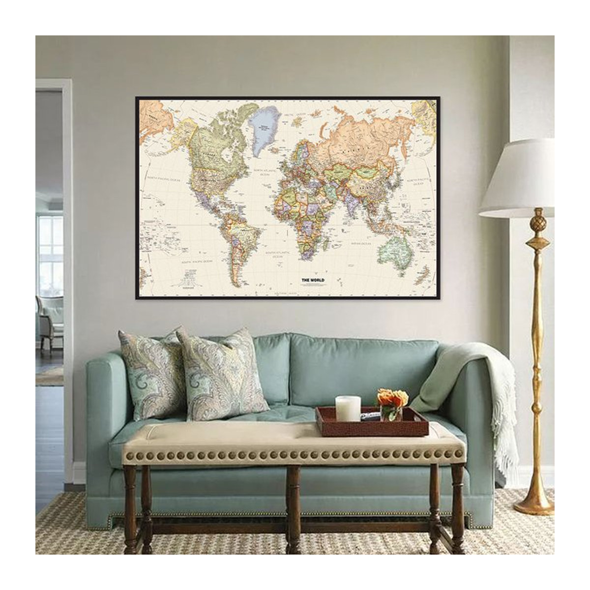 Vintage-Hängeposter Weltkarte in Englisch aus Vlies-Leinwand, mehrfarbige Wanddekoration für Büro und Zuhause, Breite: 150 cm, Höhe: 100 cm - Bild 1