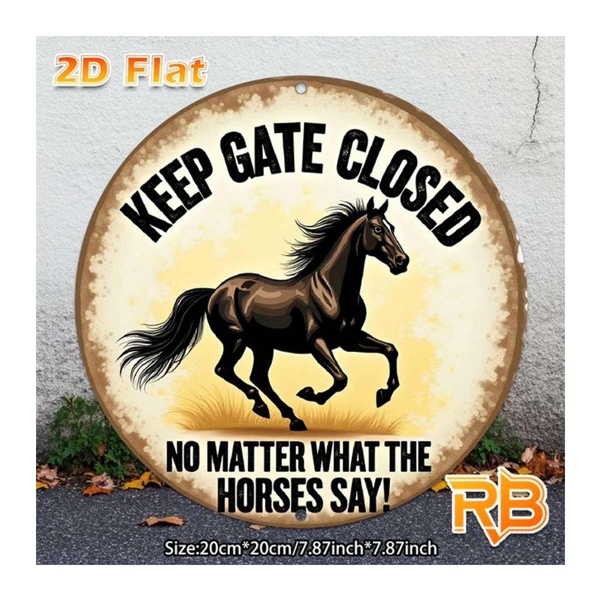 Vintage Horse & Keep Gate Closed Metallschild Potdemiel in Beige, Rustikale Bauernhaus-Wanddekoration aus Metall, B/B: 20 x 20 cm - Bild 1