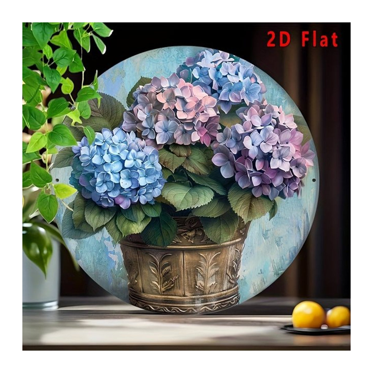Vintage Hortensien Metall-Wandkunst von Potdemiel, florales Aluminiumschild in Mehrfarbig für Innen- und Außenbereich - Bild 1