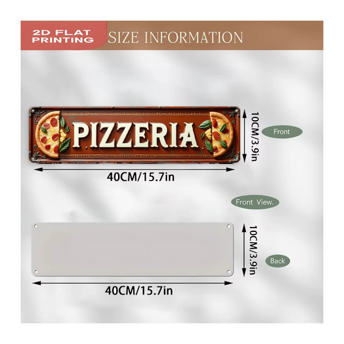 Vintage Italienische Pizzeria Metallschild von CIFBUY in Braun, Rustikale Pizza Wandkunst aus Aluminium, Breite: 40,64 cm, Höhe: 10,16 cm, Tiefe: 10,16 cm - Bild 2