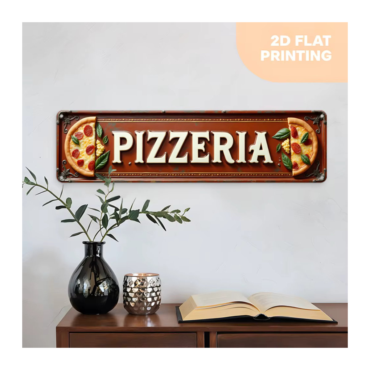 Vintage Italienische Pizzeria Metallschild von CIFBUY in Braun, Rustikale Pizza Wandkunst aus Aluminium, Breite: 40,64 cm, Höhe: 10,16 cm, Tiefe: 10,16 cm - Bild 6