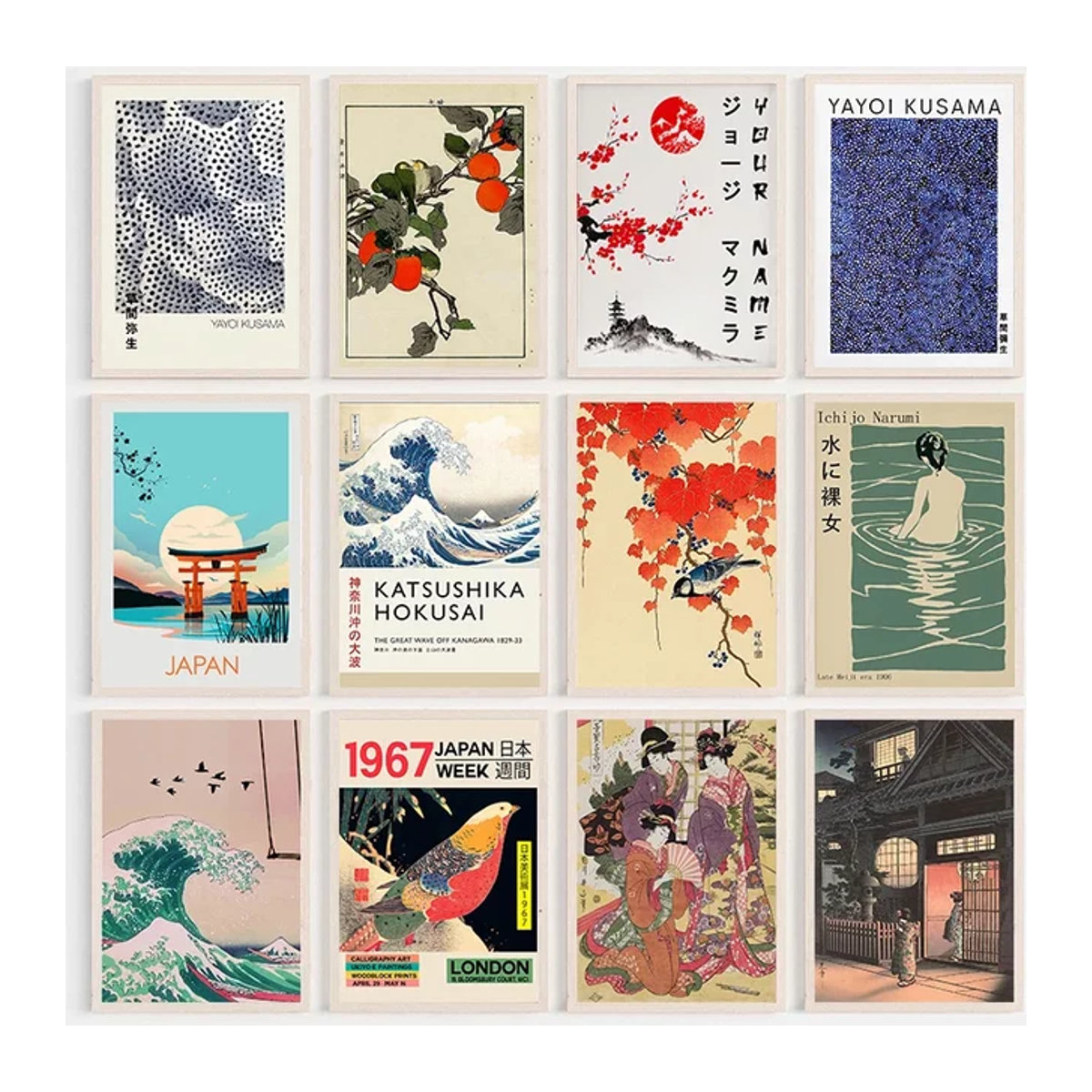 Vintage Japan Kunst Leinwand Gemälde mit Yayoi Kusama und Katsushika Hokusai Motiven, mehrfarbiges Landschafts Poster im Hochformat von Potdemiel - Bild 1