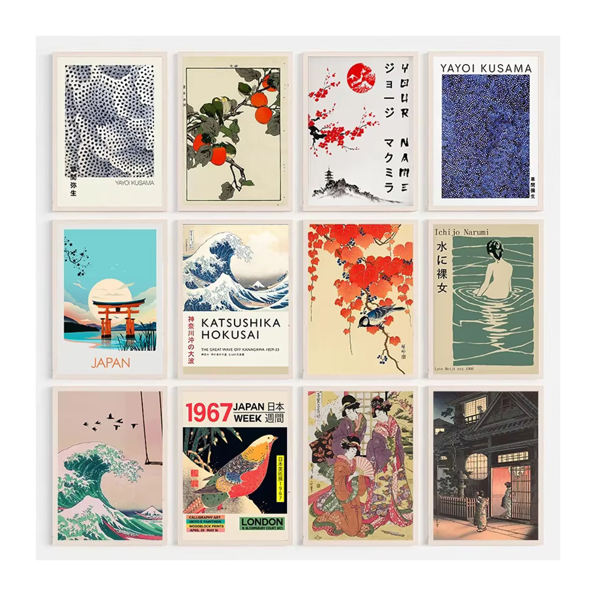 Vintage Japan Kunst Leinwand Gemälde mit Yayoi Kusama und Katsushika Hokusai Motiven, mehrfarbiges Landschafts Poster im Hochformat von Potdemiel - Bild 2