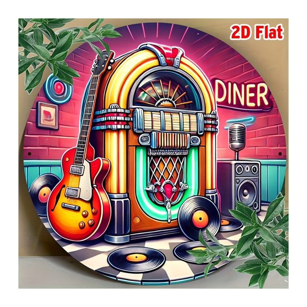 Vintage Jukebox Metall-Wandkunst Potdemiel mit Gitarre und Schallplatten, rundes Aluminium-Dekor in Mehrfarbig, Durchmesser: 19,81 cm - Bild 1