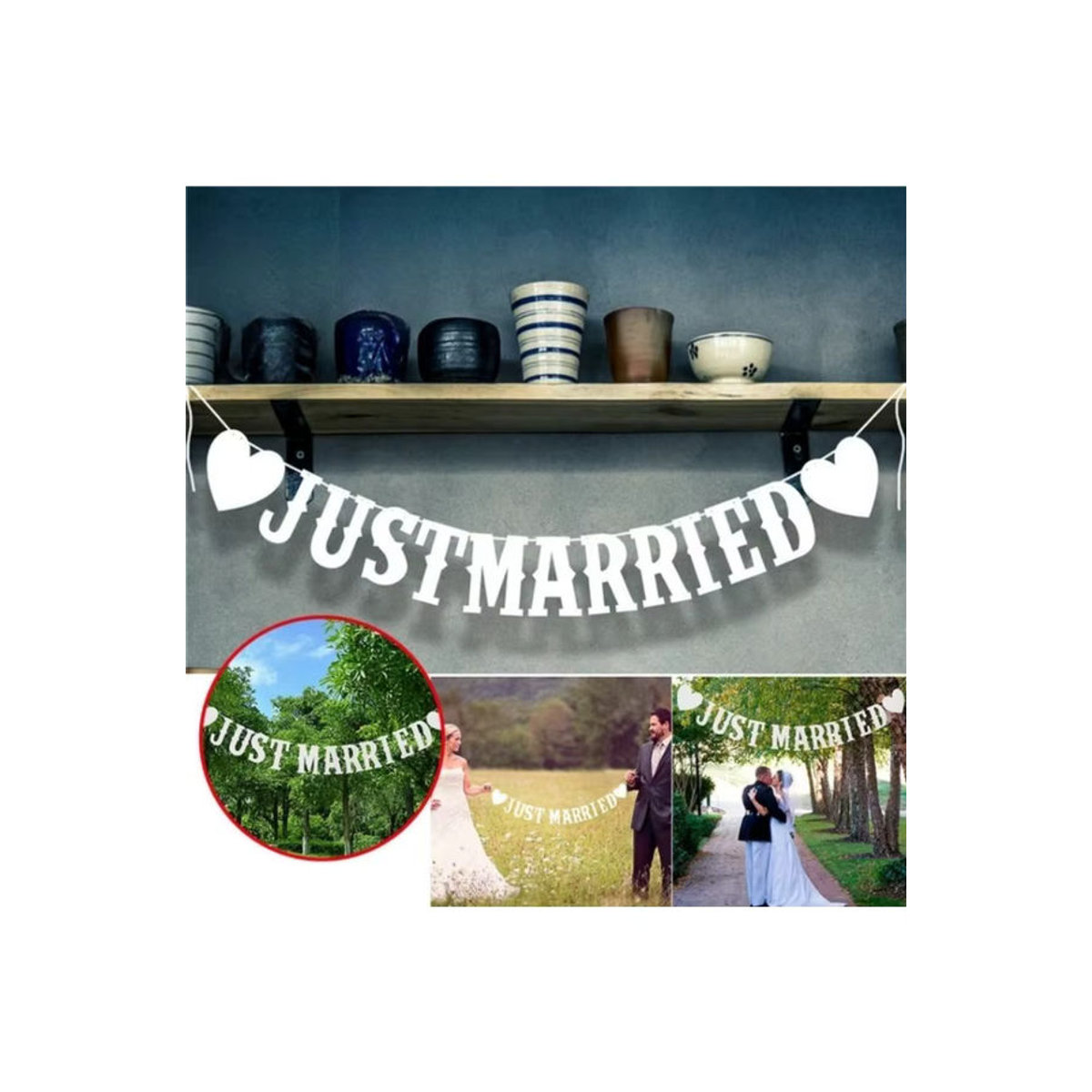 Vintage Just Married Wimpel Set mit Blumenakzenten in Weiß als hängende Papier Dekoration für deine Hochzeit und Brautparty - Bild 4