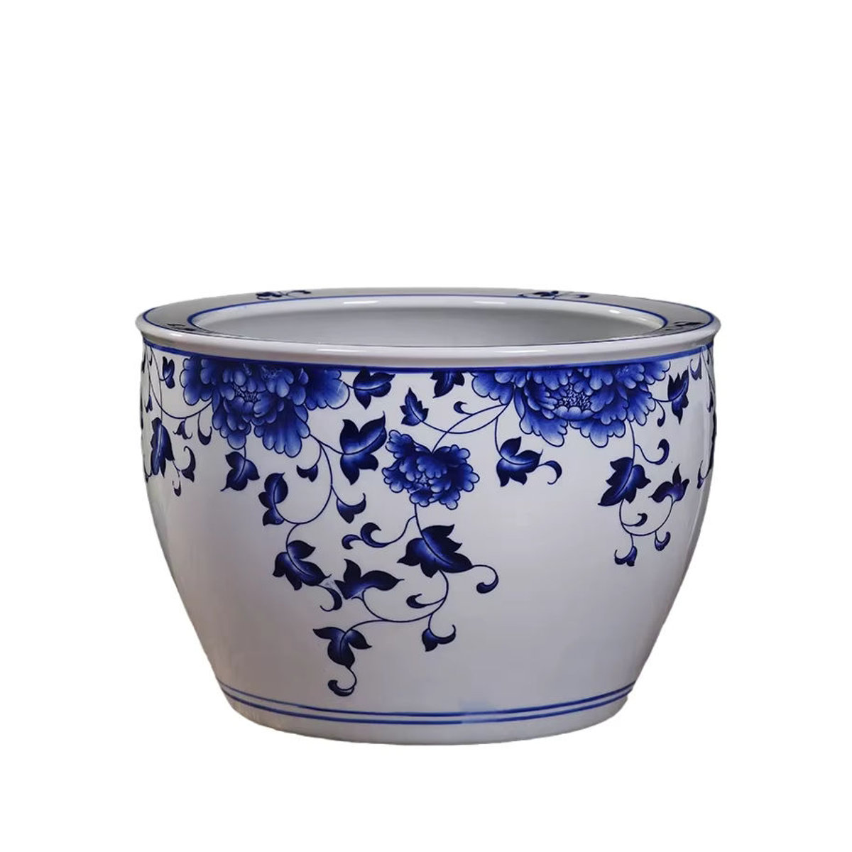 Vintage Keramik Pflanzer in Blau und Weiß mit floralem Design, runder Porzellan Blumentopf für den Außenbereich, Durchmesser: 30,48 cm - Bild 4