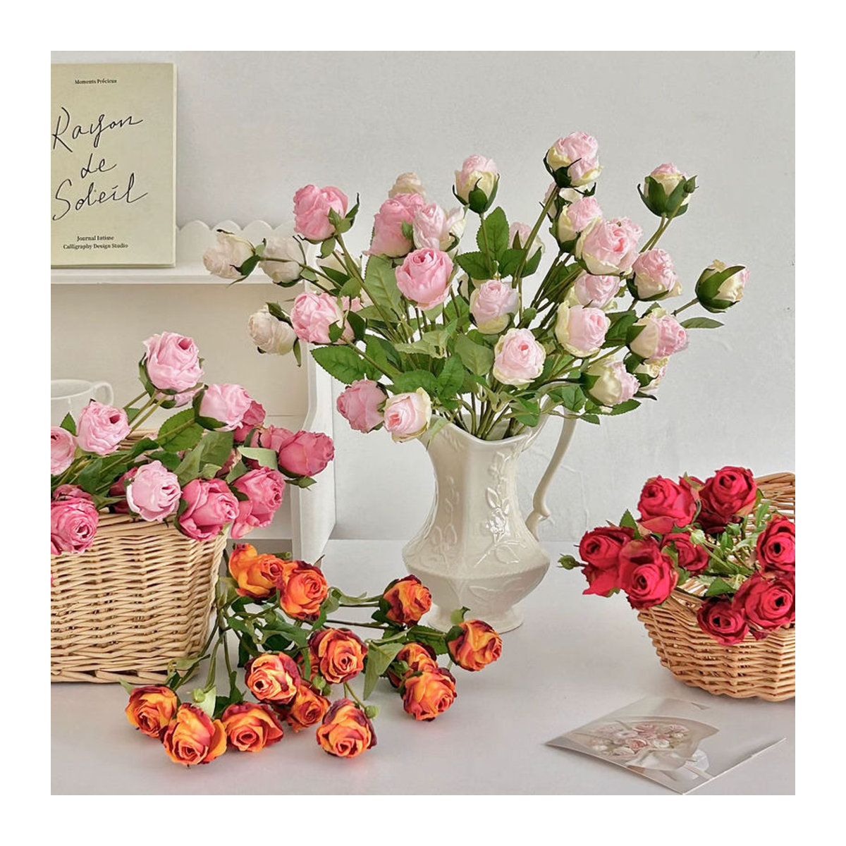 Vintage künstliche Rosen in Rosa und Beige mit gebrannter Kante für Hochzeitsdekoration und Foto-Requisiten, 7 Köpfe - Bild 1