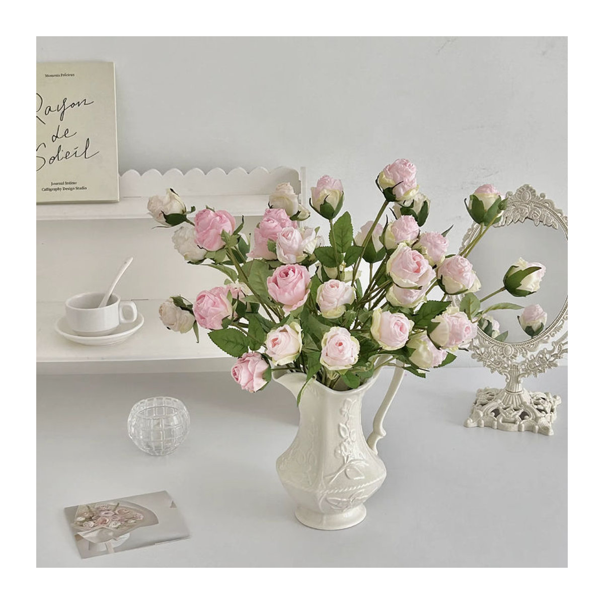 Vintage künstliche Rosen in Rosa und Beige mit gebrannter Kante für Hochzeitsdekoration und Foto-Requisiten, 7 Köpfe - Bild 2