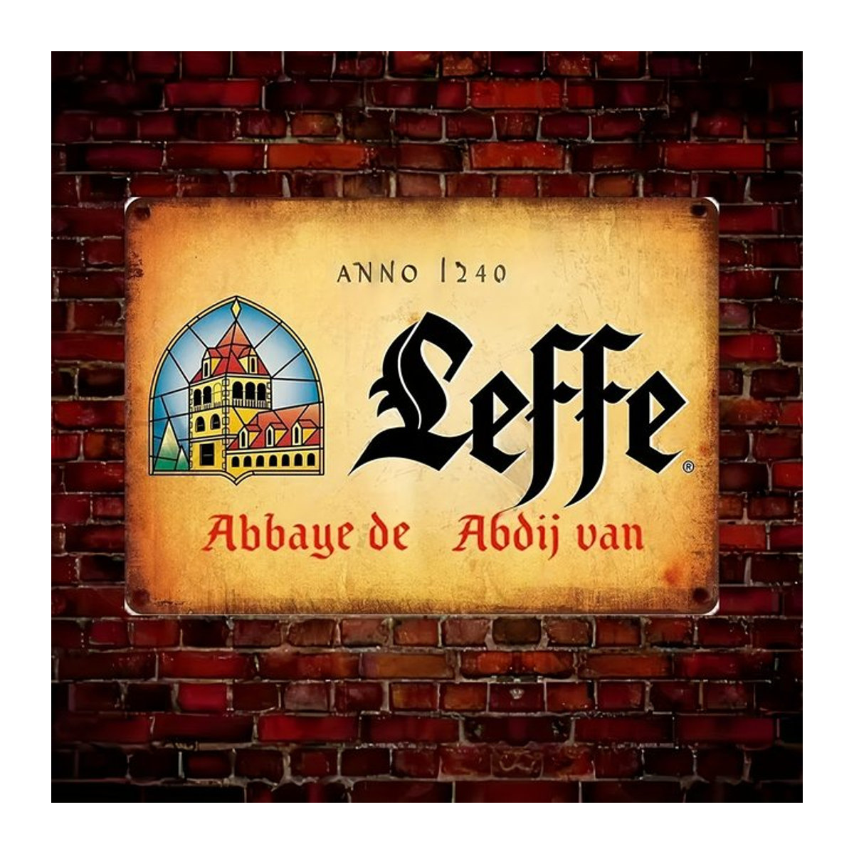 Vintage Leffe Abbey Metallschild in Gelb und Mehrfarbig mit Typografie für die Wandmontage - Bild 1