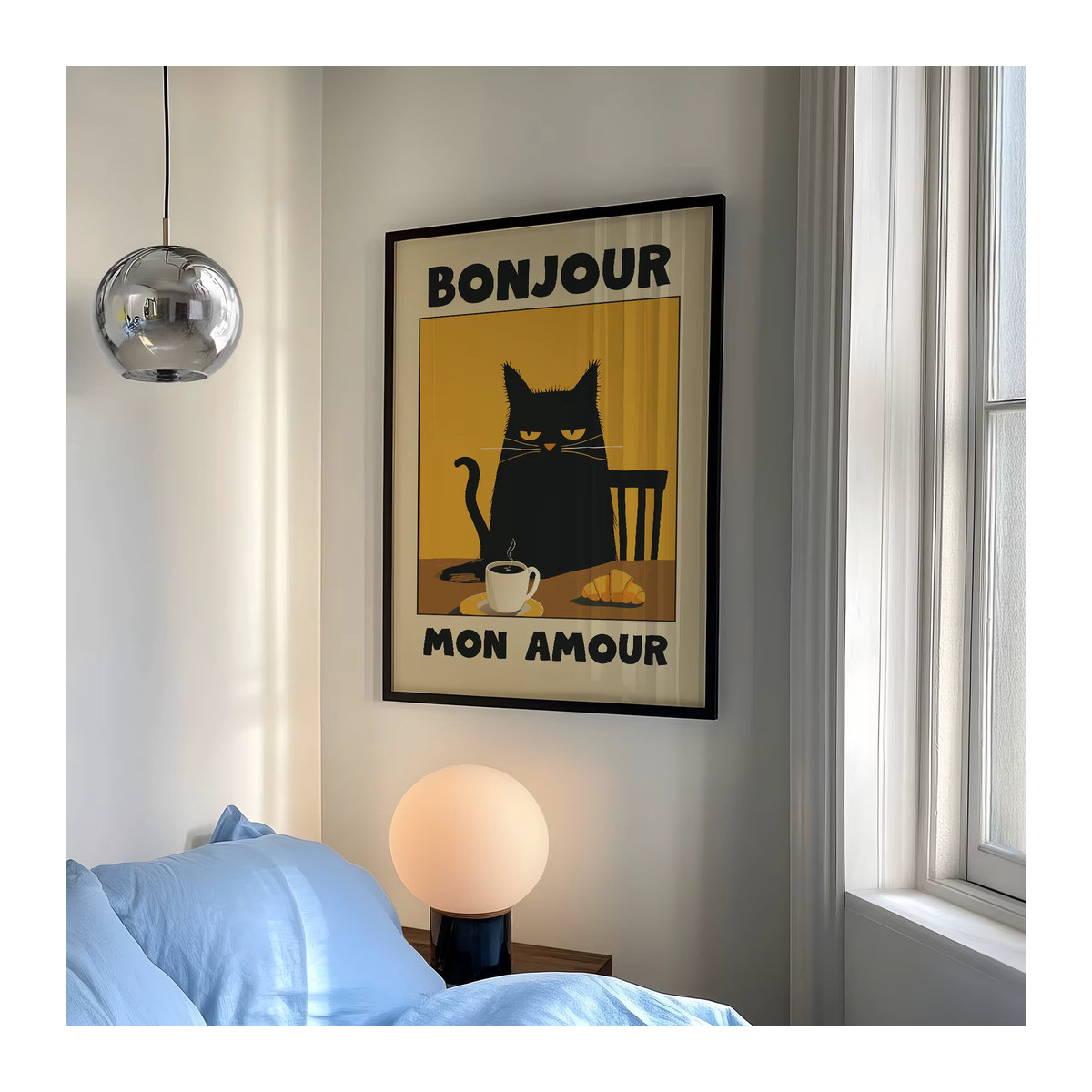 Vintage Leinwand Kunstdruck Schwarze Katze beim Frühstück in warmen Tönen, Wandbild für Wohnzimmer, Schlafzimmer und Esszimmer, Hochformat, Mehrfarbig - Bild 2