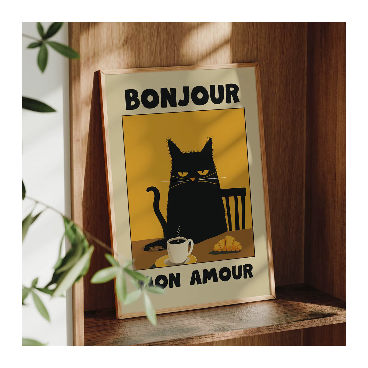Vintage Leinwand Kunstdruck Schwarze Katze beim Frühstück in warmen Tönen, Wandbild für Wohnzimmer, Schlafzimmer und Esszimmer, Hochformat, Mehrfarbig - Bild 3