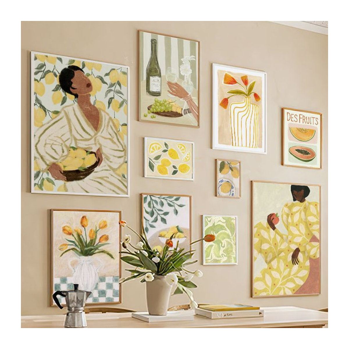Vintage Leinwand Wandkunst für Kinder mit Zitronen, Blumen und Vasen in abstrakter Galerie-Optik, mehrfarbig, Hochformat - Bild 1