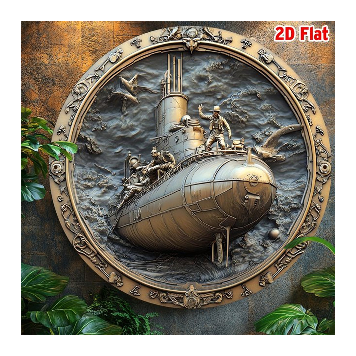 Vintage Metall Wandkunst Schild mit U-Boot-Motiv in Braun, Rund, Durchmesser: 20 cm - Bild 1