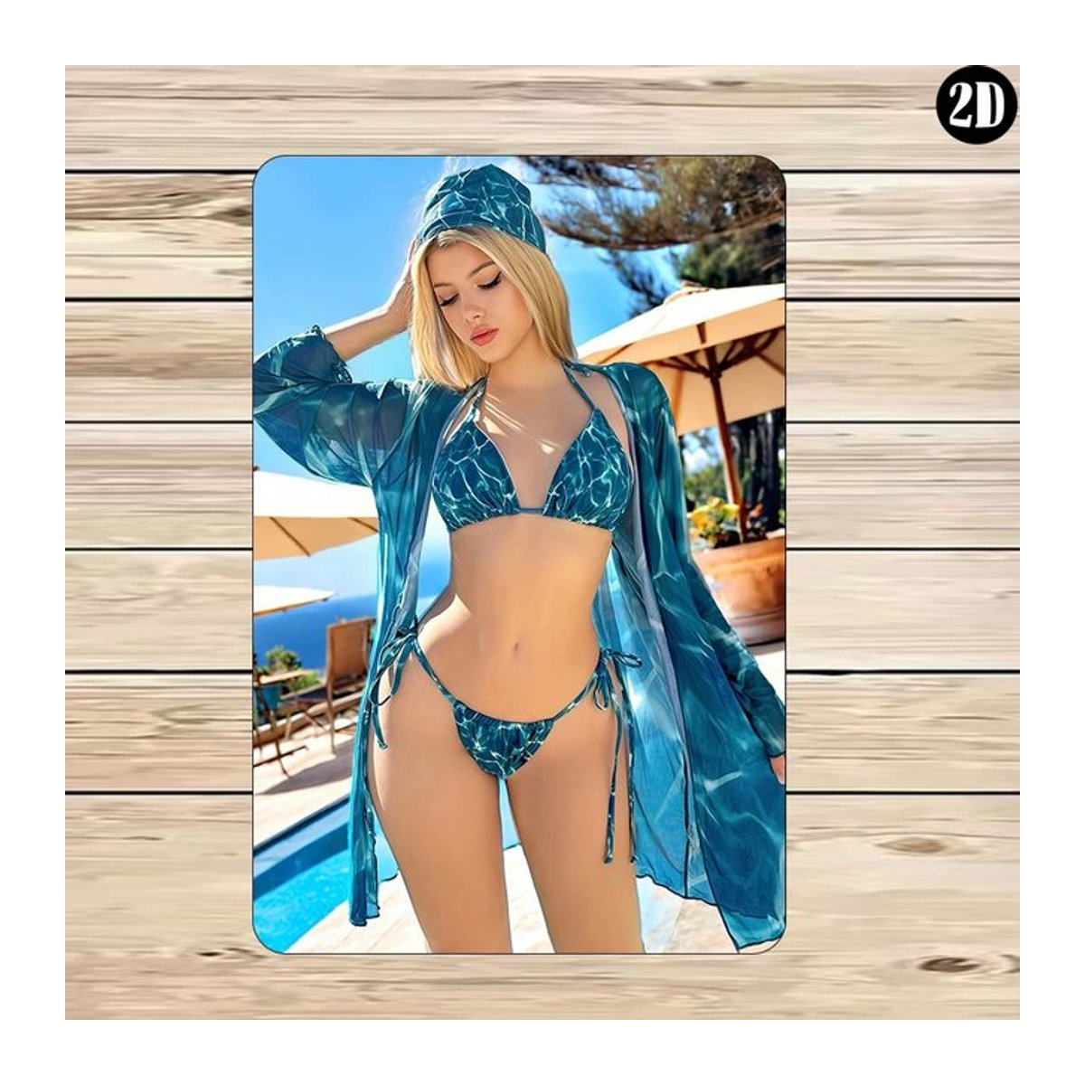 Vintage Metallschild Hello Young Teal Water Wave Bikini Girl in Blau als Wanddeko im Hochformat - Bild 1
