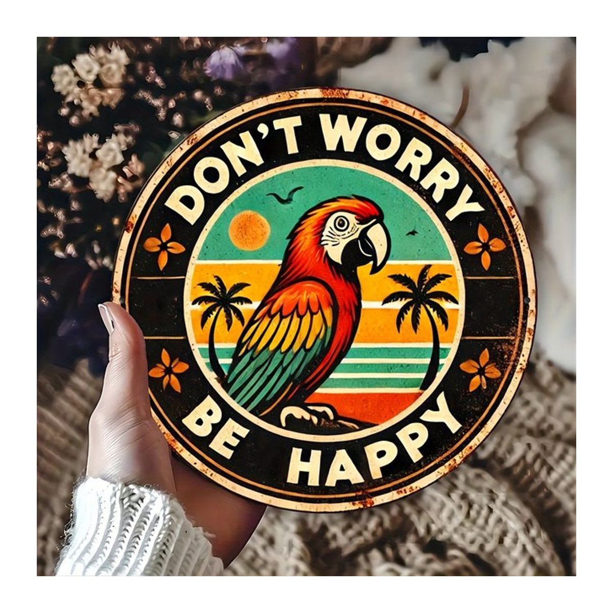 Vintage Metallschild Potdemiel Don't Worry Be Happy mit Tropical Parrot, quadratisch, B/H: 20,3 x 20,3 cm, mehrfarbig - Bild 1