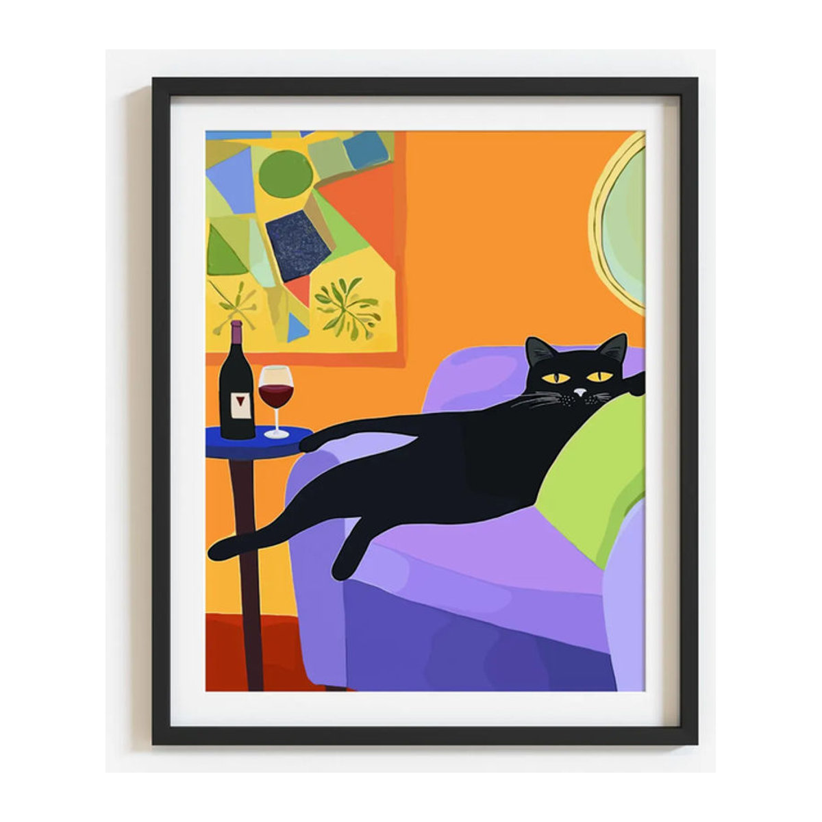 Vintage Mid Century Wandkunst mit schwarzer Katze und Wein als abstrakter Druck von SHENCHEN in Schwarz und Mehrfarbig - Bild 1