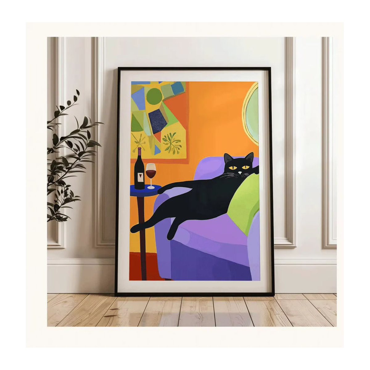 Vintage Mid Century Wandkunst mit schwarzer Katze und Wein als abstrakter Druck von SHENCHEN in Schwarz und Mehrfarbig - Bild 2