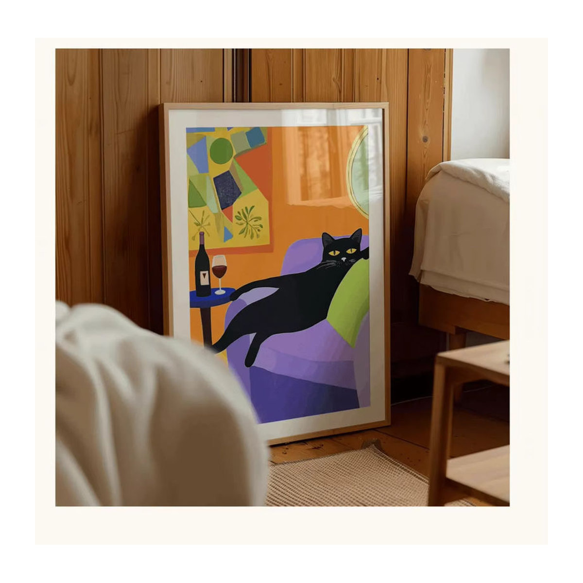 Vintage Mid Century Wandkunst mit schwarzer Katze und Wein als abstrakter Druck von SHENCHEN in Schwarz und Mehrfarbig - Bild 4