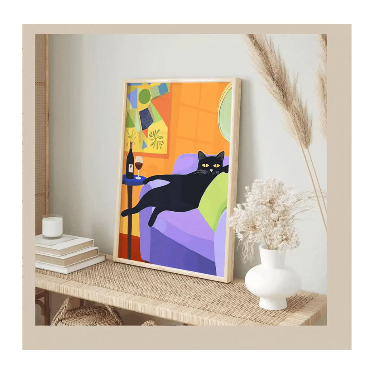 Vintage Mid Century Wandkunst mit schwarzer Katze und Wein als abstrakter Druck von SHENCHEN in Schwarz und Mehrfarbig - Bild 5
