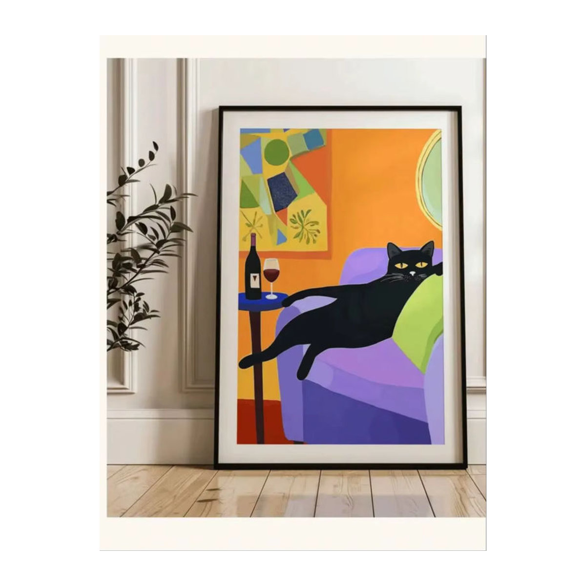 Vintage Mid Century Wandkunst mit schwarzer Katze und Wein als abstrakter Druck von SHENCHEN in Schwarz und Mehrfarbig - Bild 7