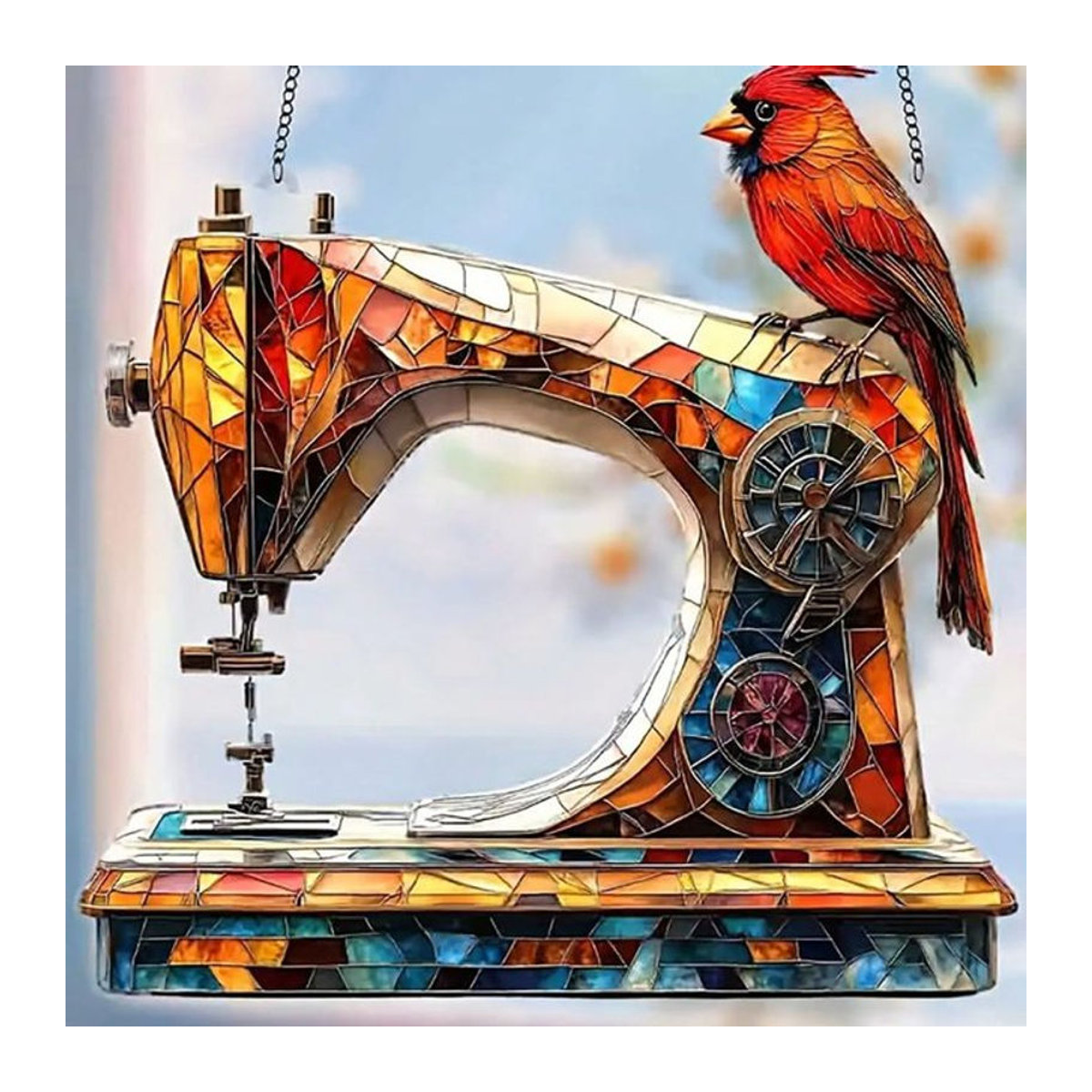 Vintage Nähmaschine Sunshine Catcher Anhänger aus Glas in Mehrfarbig mit Vögel-Motiv zur hängenden Dekoration für Haus und Garten - Bild 1