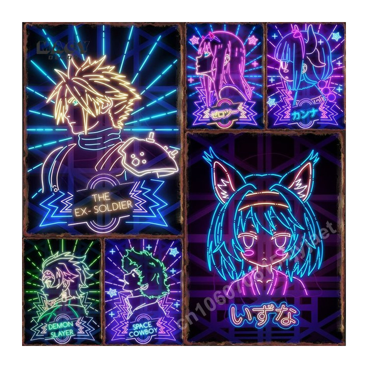 Vintage Neon Anime Metallblechschild Wanddekoration mit japanischen Cartoon-Figuren in Querformat und Mehrfarbigkeit - Bild 1
