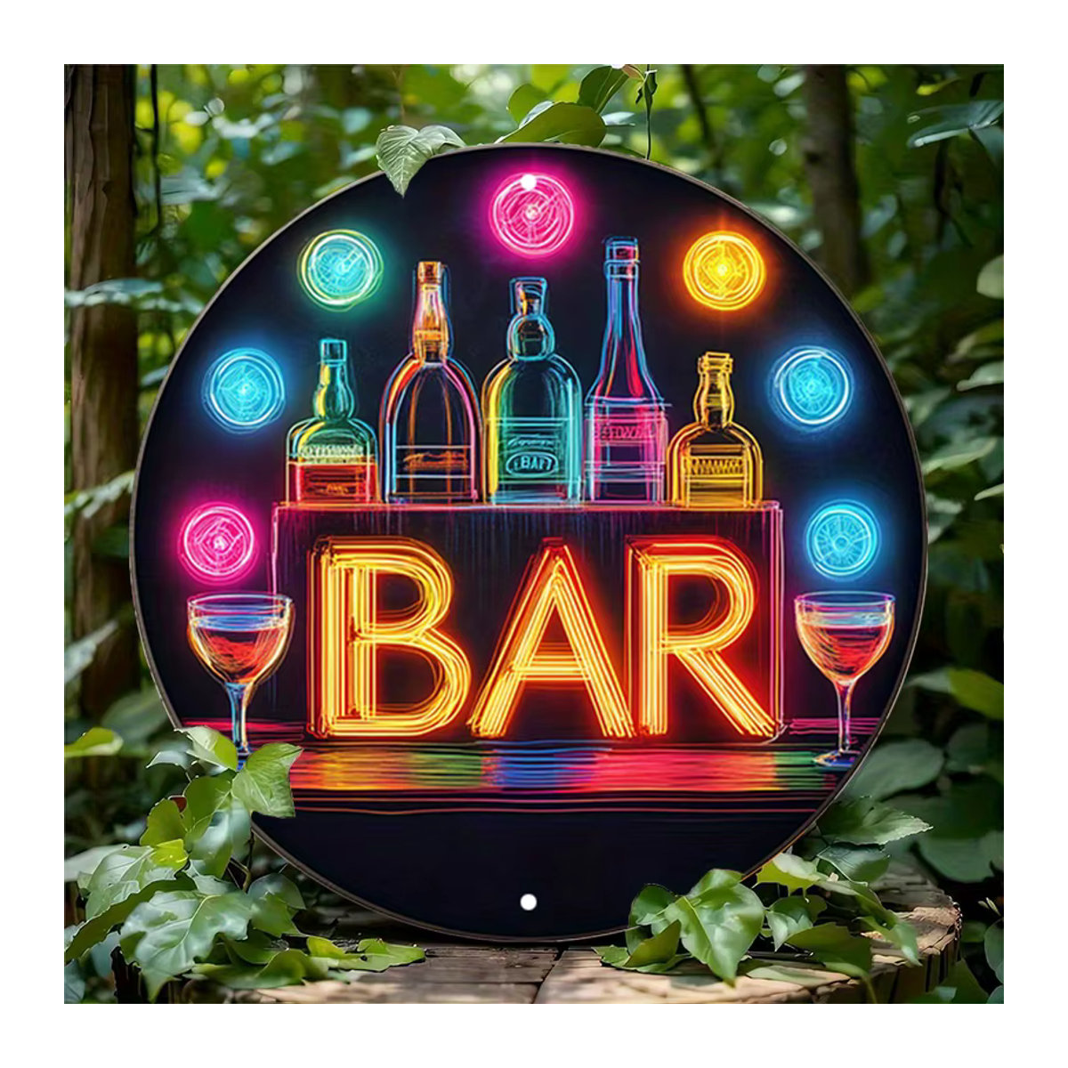 Vintage Neon Bar Schild aus Aluminium in Rot und Bunt, runde Wandkunst mit Flaschen und Gläsern zur Retro Raumdekoration, Durchmesser: 20 cm - Bild 2