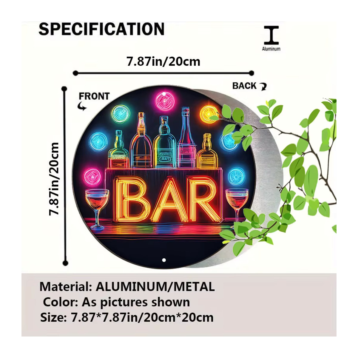 Vintage Neon Bar Schild aus Aluminium in Rot und Bunt, runde Wandkunst mit Flaschen und Gläsern zur Retro Raumdekoration, Durchmesser: 20 cm - Bild 3