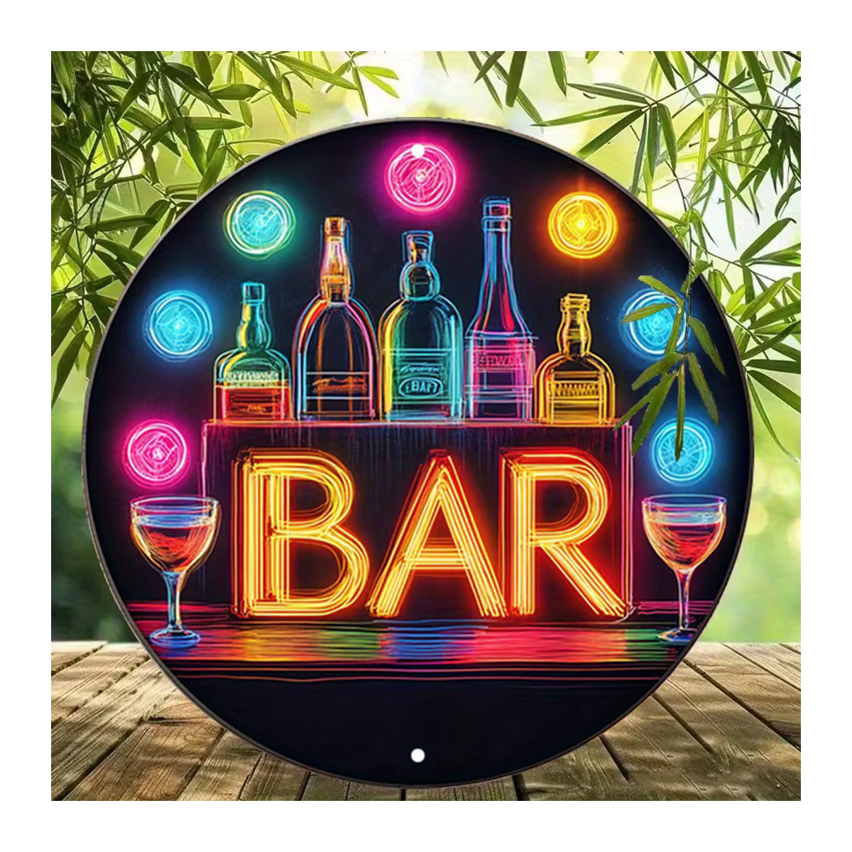 Vintage Neon Bar Schild aus Aluminium in Rot und Bunt, runde Wandkunst mit Flaschen und Gläsern zur Retro Raumdekoration, Durchmesser: 20 cm - Bild 4