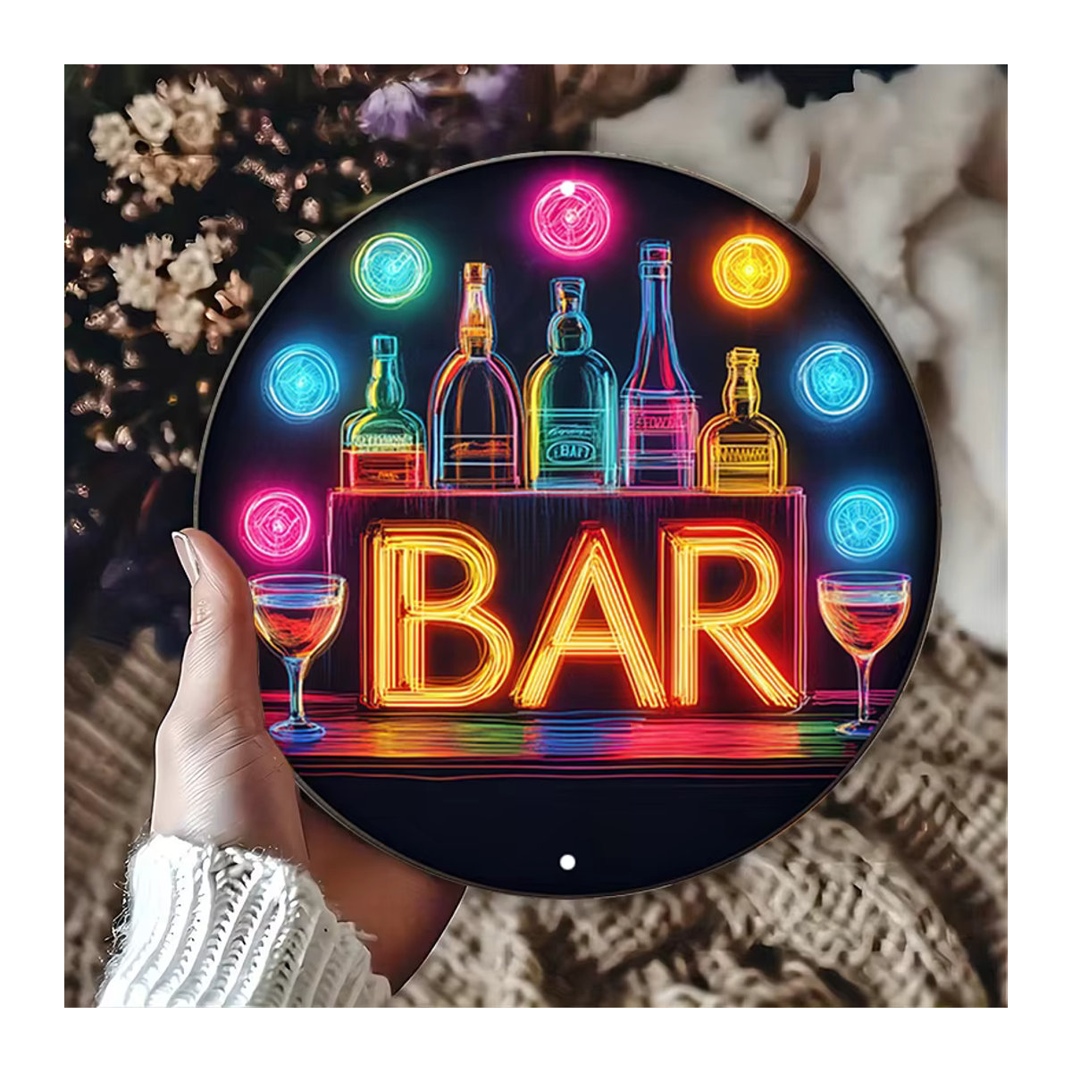 Vintage Neon Bar Schild aus Aluminium in Rot und Bunt, runde Wandkunst mit Flaschen und Gläsern zur Retro Raumdekoration, Durchmesser: 20 cm - Bild 5