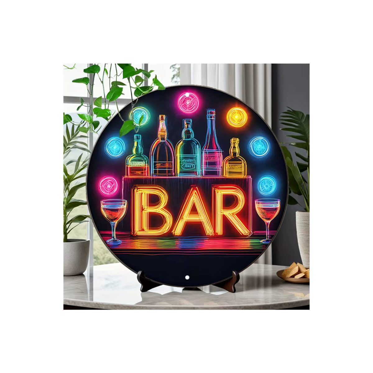 Vintage Neon Bar Schild aus Aluminium in Rot und Bunt, runde Wandkunst mit Flaschen und Gläsern zur Retro Raumdekoration, Durchmesser: 20 cm - Bild 6