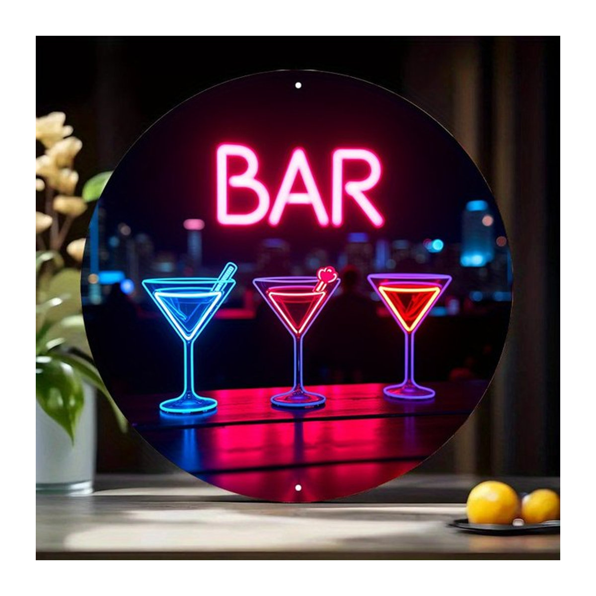 Vintage Neon-Cocktail-Bar-Schild aus Metall in Bunt und Rot mit Retro-Stadt-Skyline für Deine Heim-, Pub- und Café-Dekoration - Bild 1
