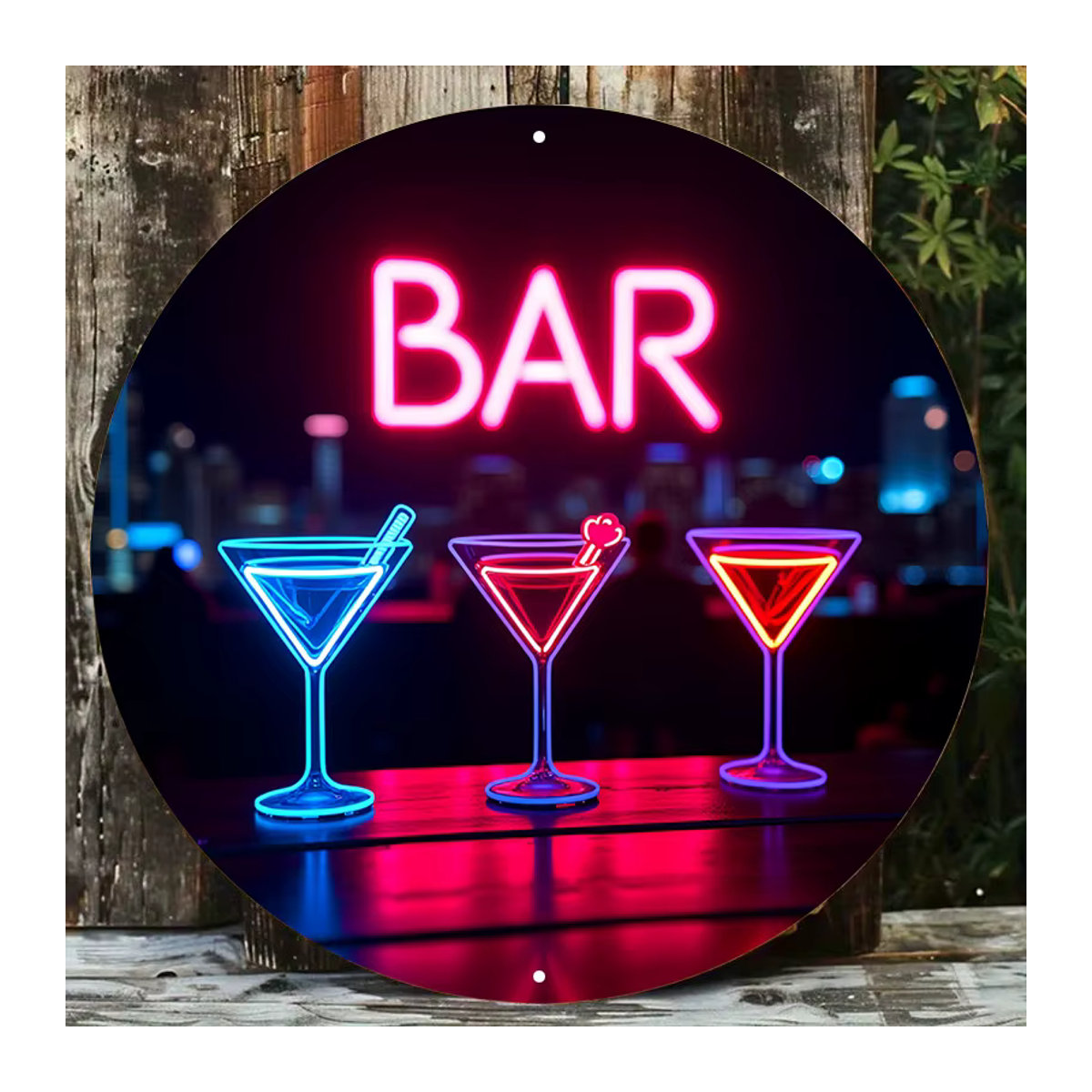 Vintage Neon-Cocktail-Bar-Schild aus Metall in Bunt und Rot mit Retro-Stadt-Skyline für Deine Heim-, Pub- und Café-Dekoration - Bild 2