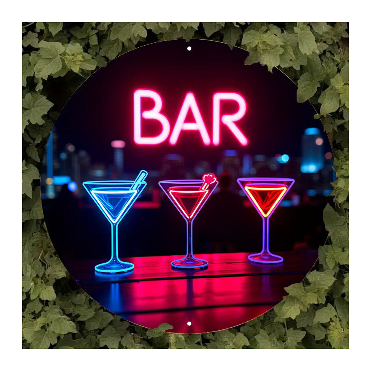 Vintage Neon-Cocktail-Bar-Schild aus Metall in Bunt und Rot mit Retro-Stadt-Skyline für Deine Heim-, Pub- und Café-Dekoration - Bild 3
