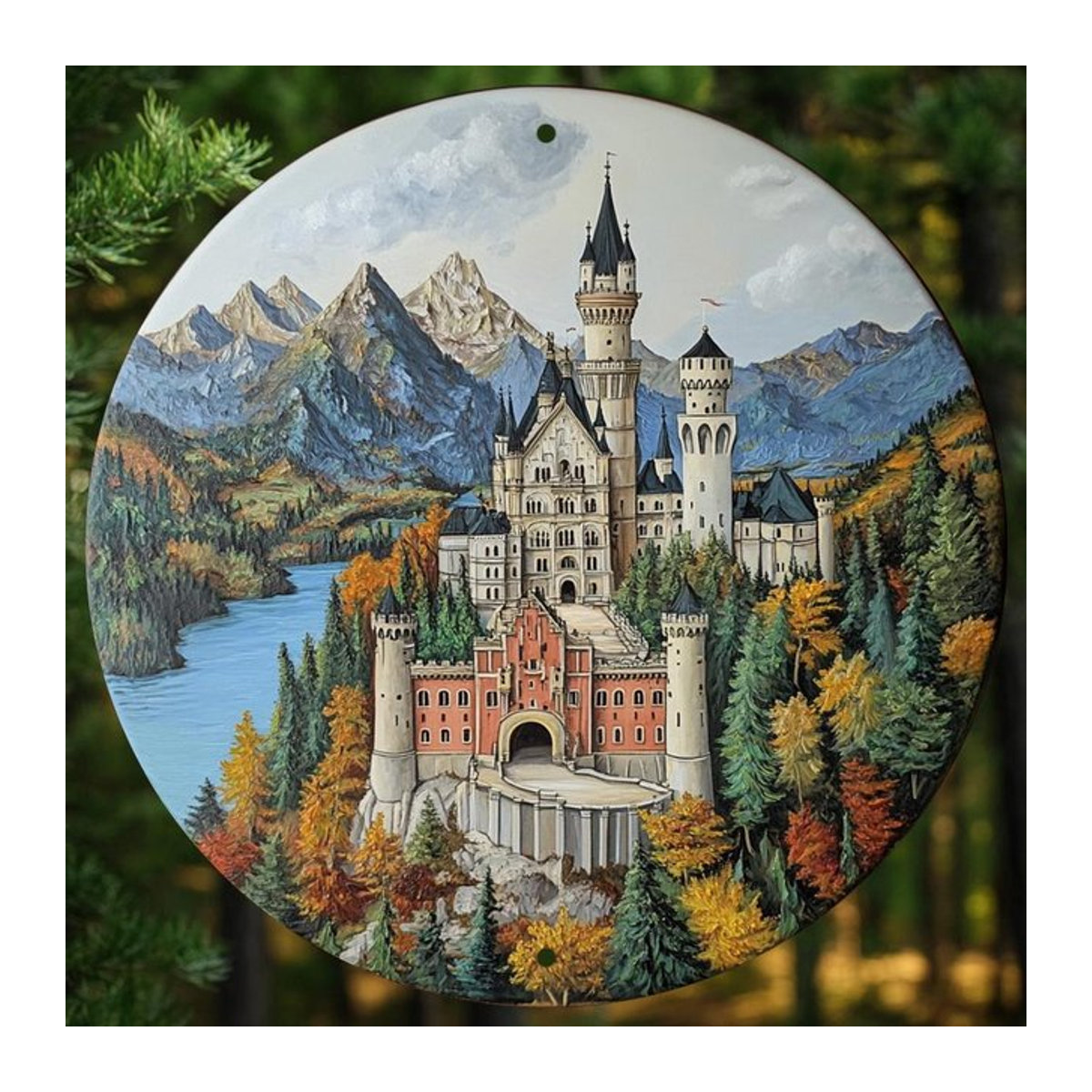 Vintage Neuschwanstein Schloss Wandkunst aus Metall, rundes Metallschild mit Landschaftsmotiv, mehrfarbig, Durchmesser: 20 cm - Bild 1