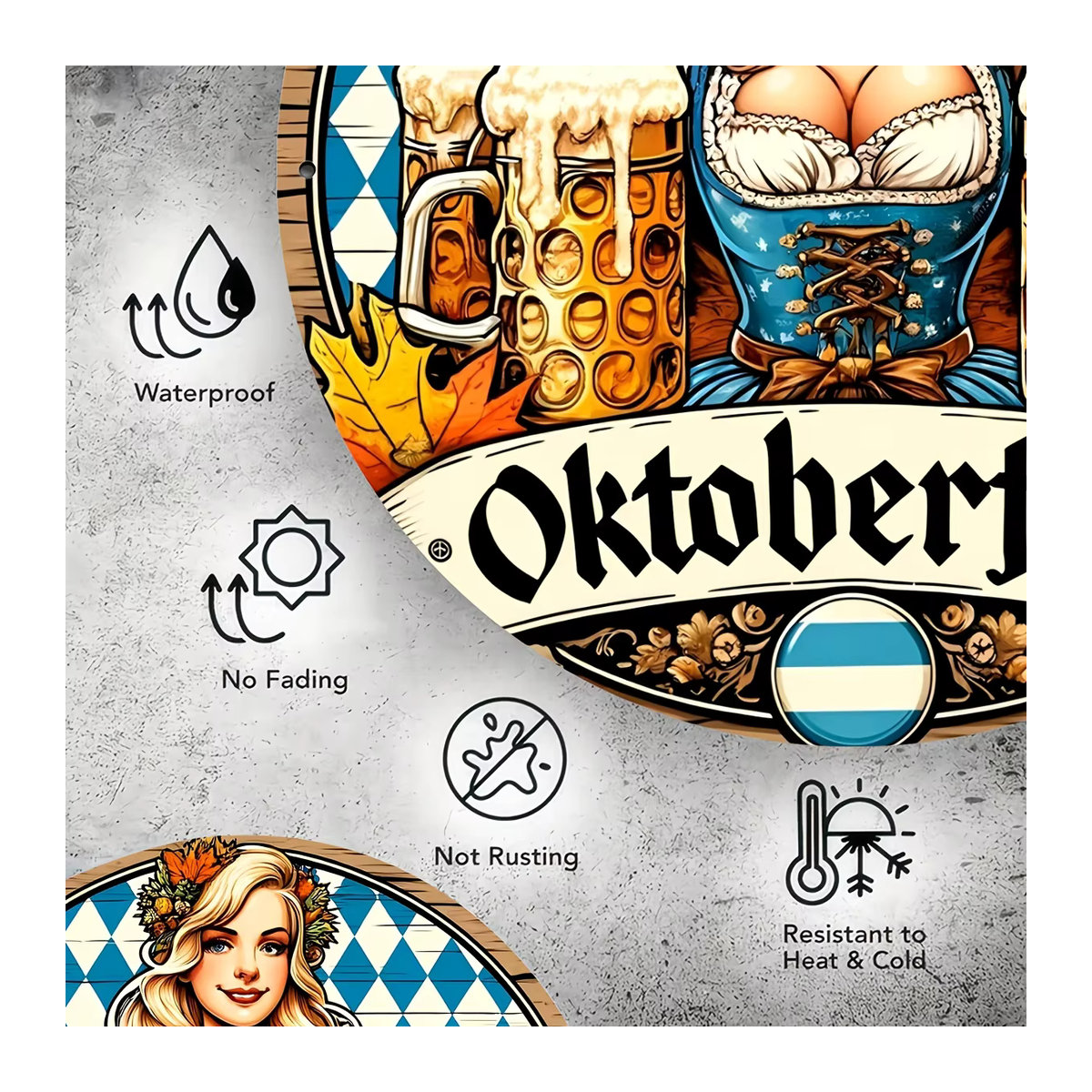 Vintage Oktoberfest Wandschild aus Metall mit rundem Biermotiv in Blau und Mehrfarbig für deine Bar oder Garage - Bild 4