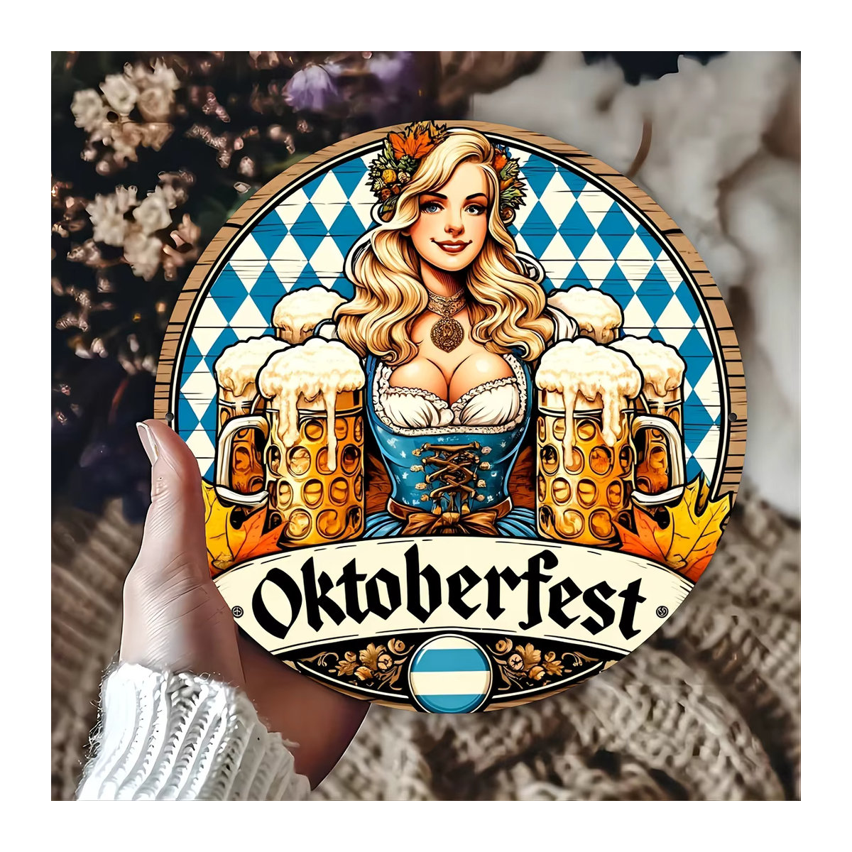 Vintage Oktoberfest Wandschild aus Metall mit rundem Biermotiv in Blau und Mehrfarbig für deine Bar oder Garage - Bild 6