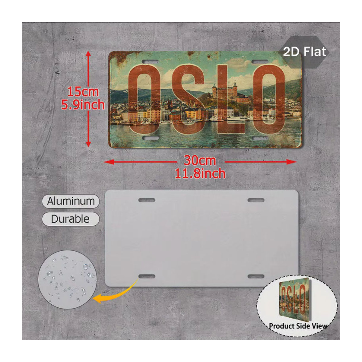 Vintage Oslo Stadtzeichen Nummernschild aus Aluminium als Wandkunst, mehrfarbig, B: 29,97 cm, H: 14,99 cm - Bild 2