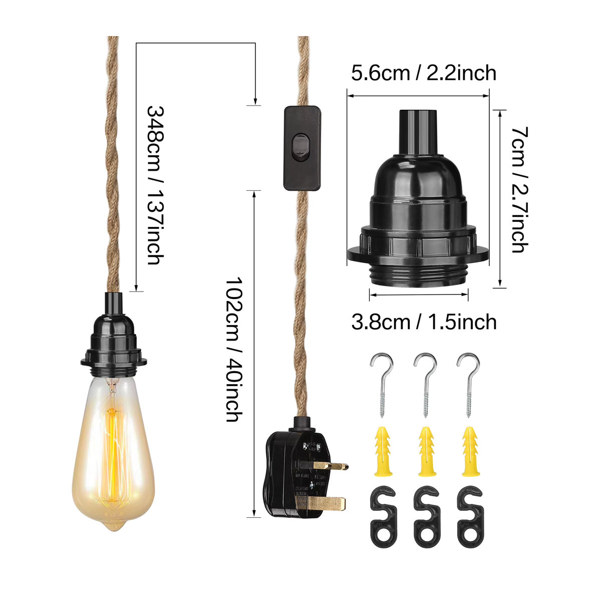 Vintage Pendelleuchte im Industrial-Stil mit grauem Seil und Dimmer, UK-Stecker - Bild 3